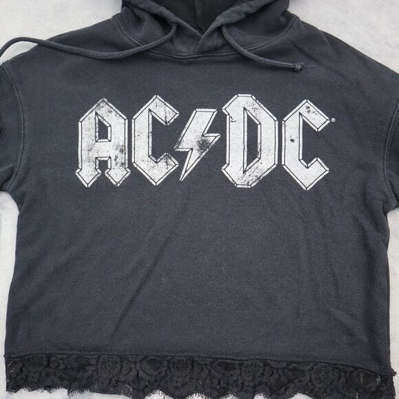 AC DC Sweatshirt Womens M Black Lace Trim Hem Drawstring Hoodie Activewear - Picture 12 of 16